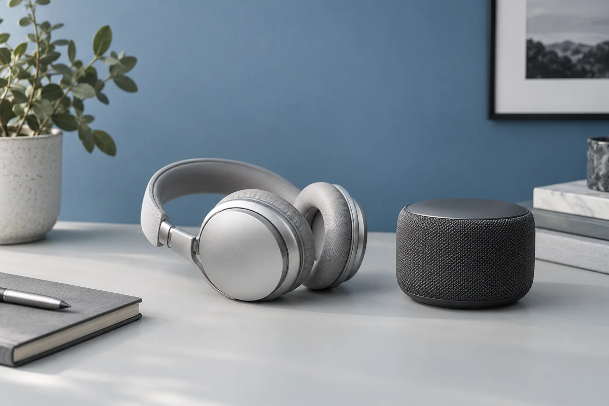 Illustrative silver headphones and compact speaker